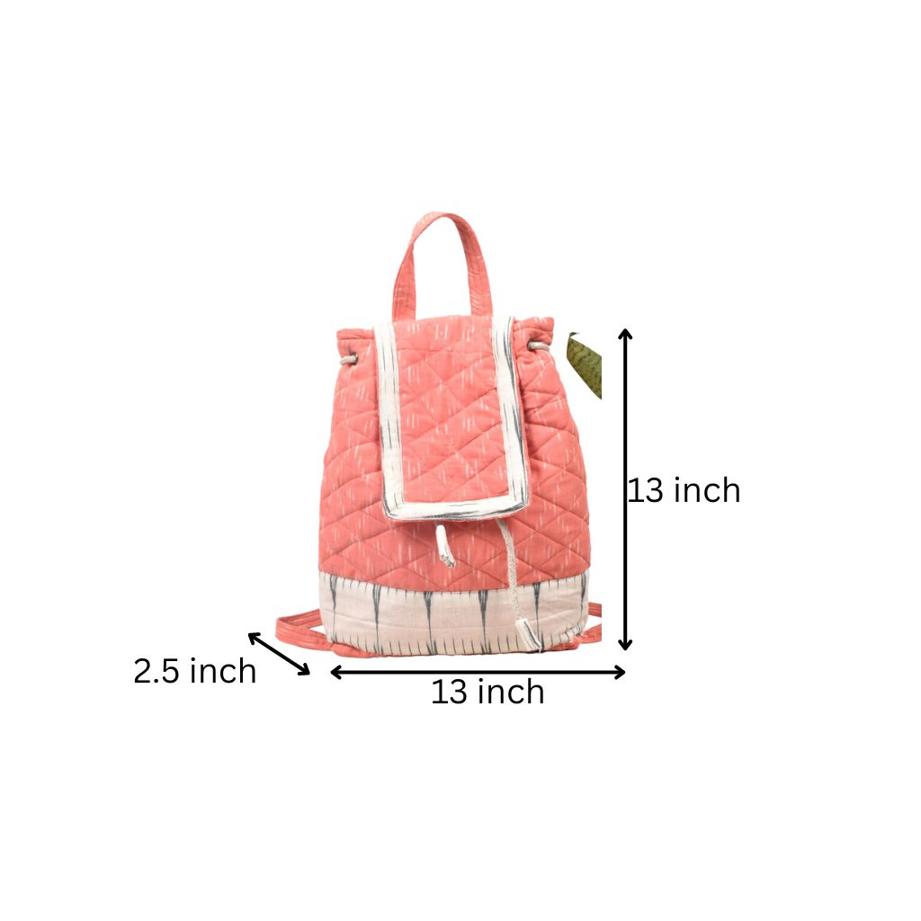 Quilted backpack bag in pink ikat cotton - dimensions