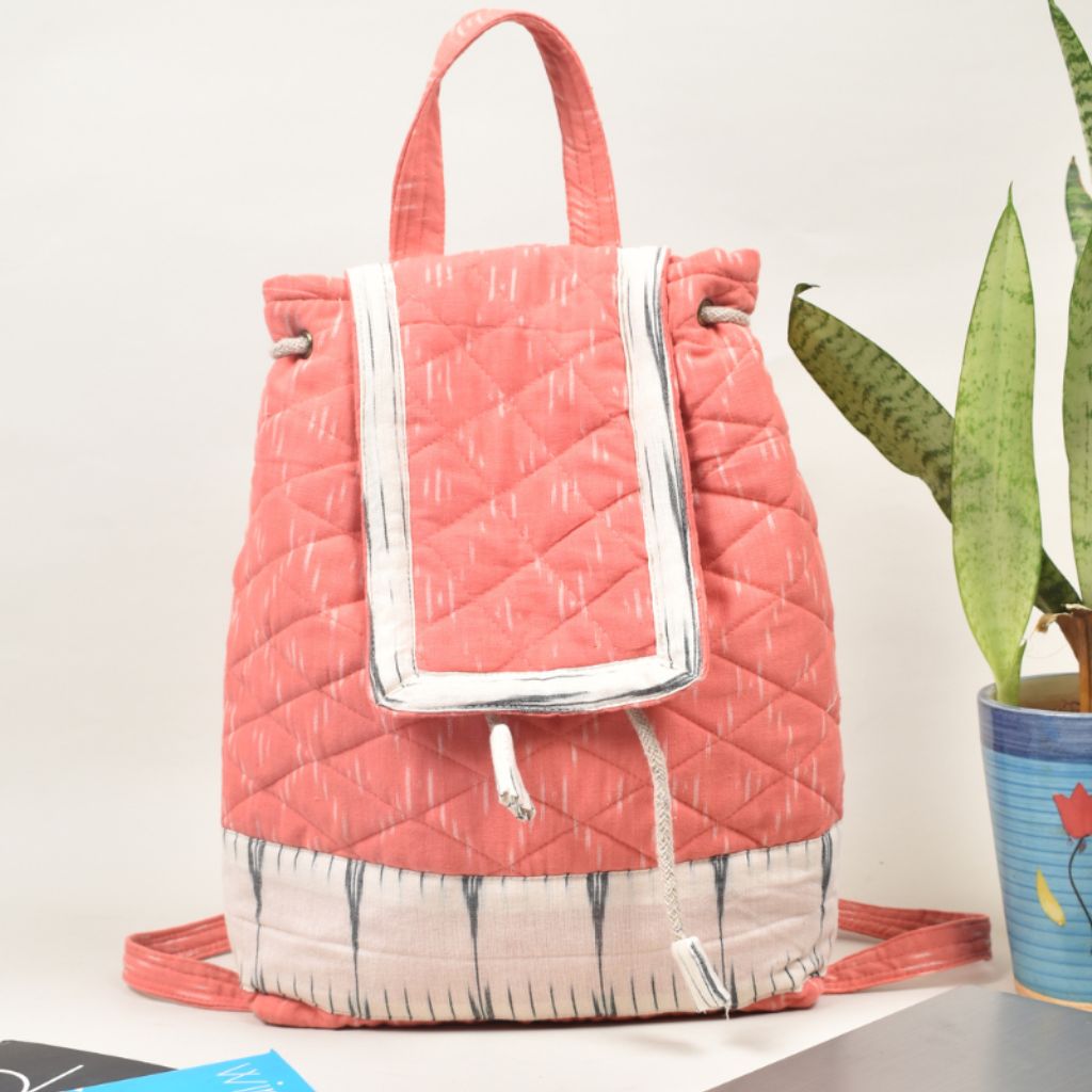 Quilted backpack bag in pink ikat cotton