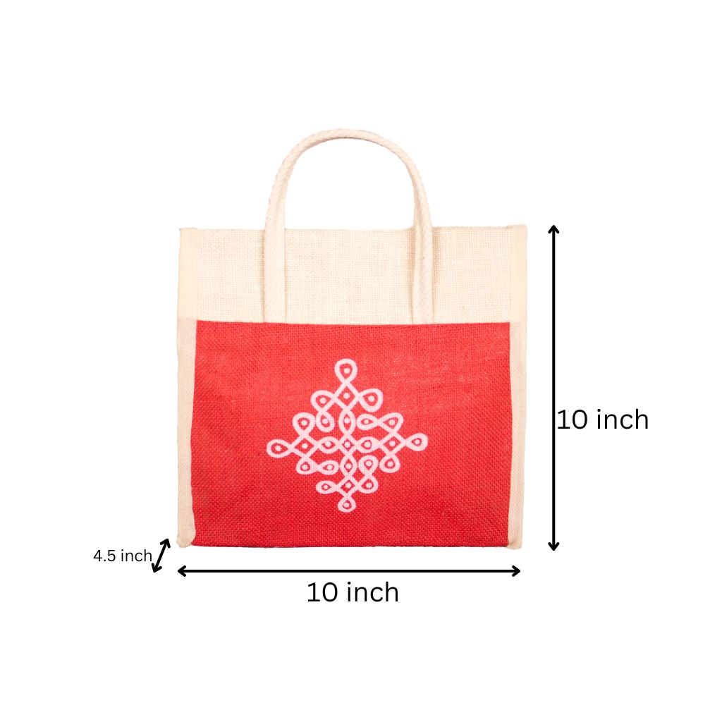Red and white jute lunch bag with traditional motif - dimensions