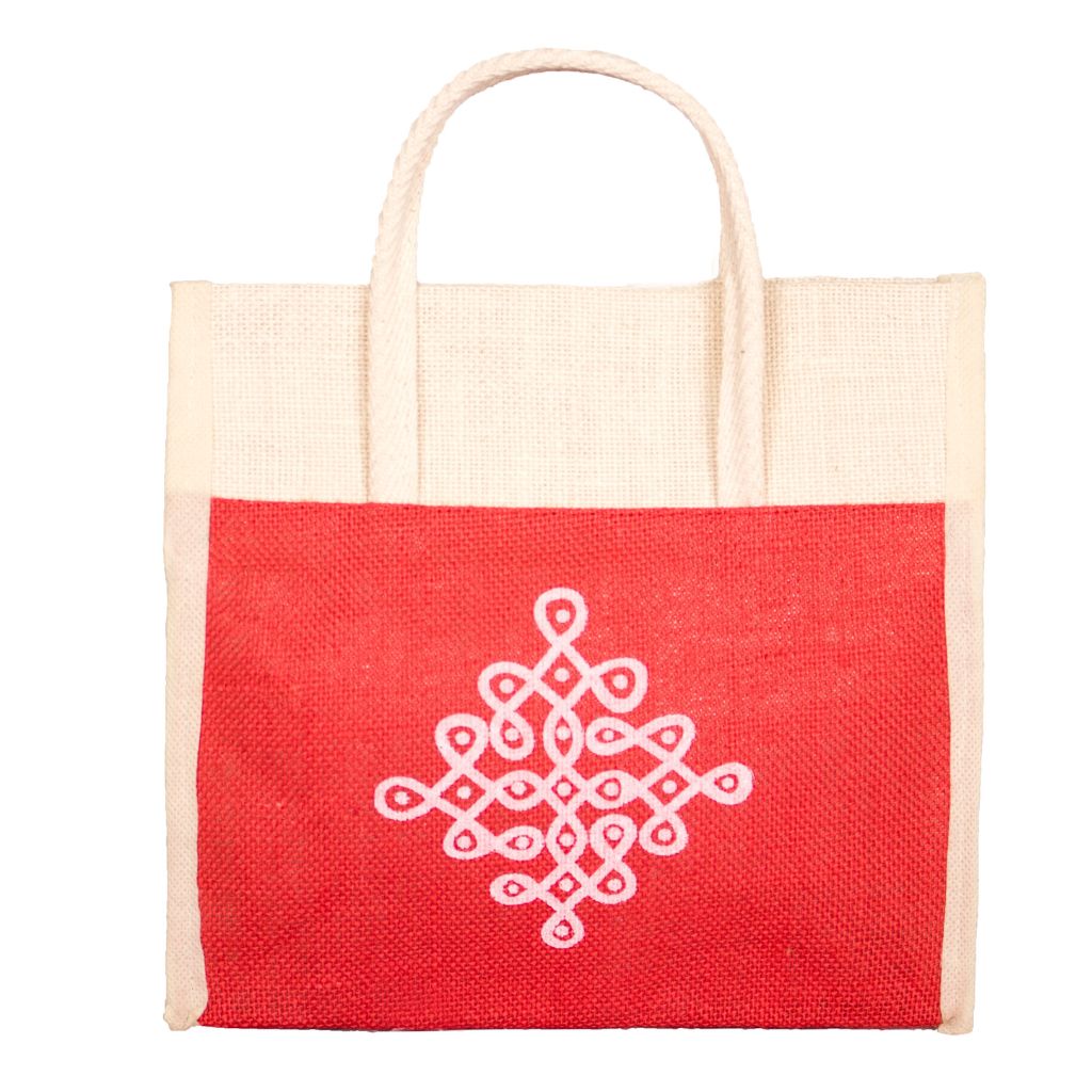 Red and white jute lunch bag with traditional motif - front