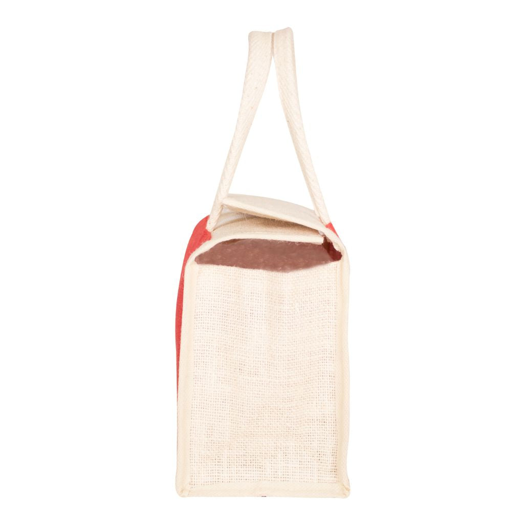 Red and white jute lunch bag with traditional motif - side
