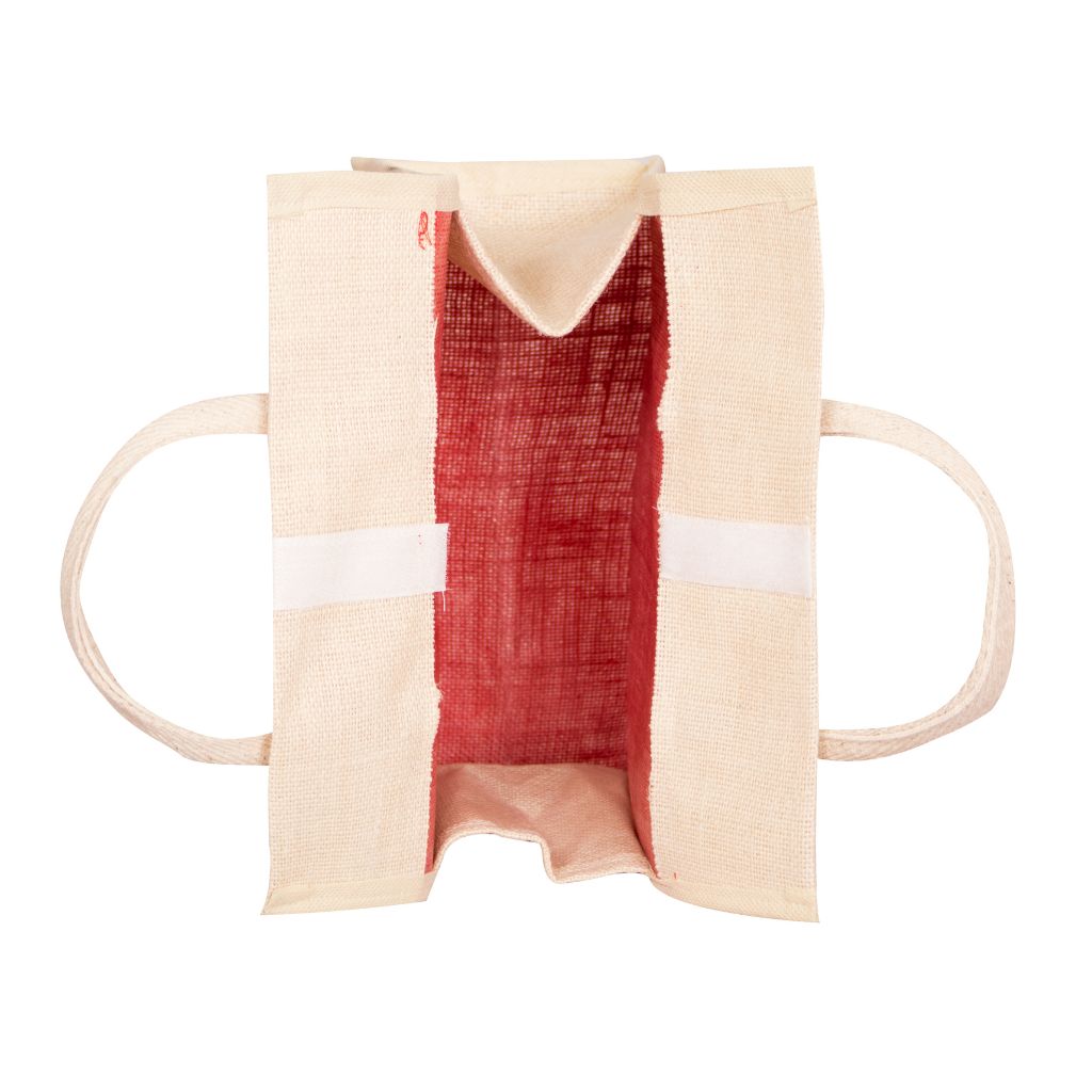 Red and white jute lunch bag with traditional motif - inside