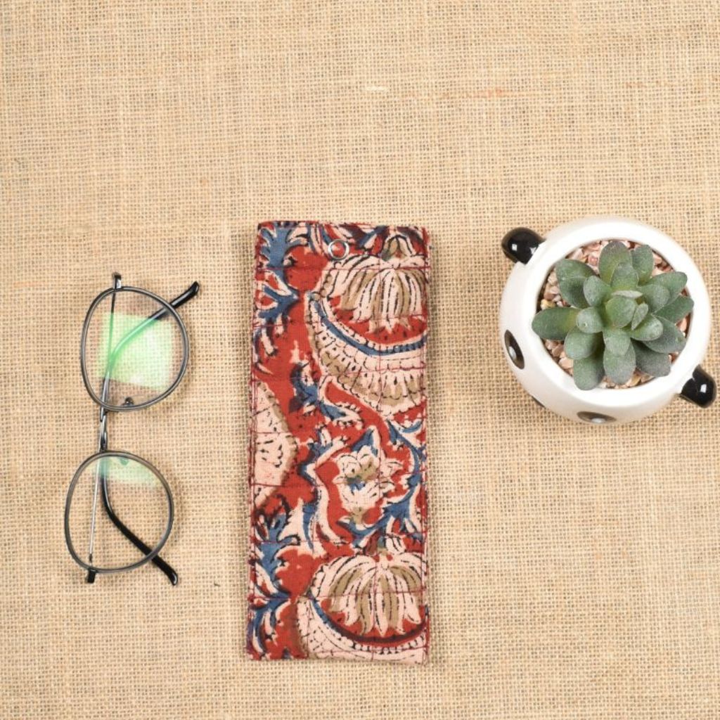Quilted spectacle case in red block printed cotton - front