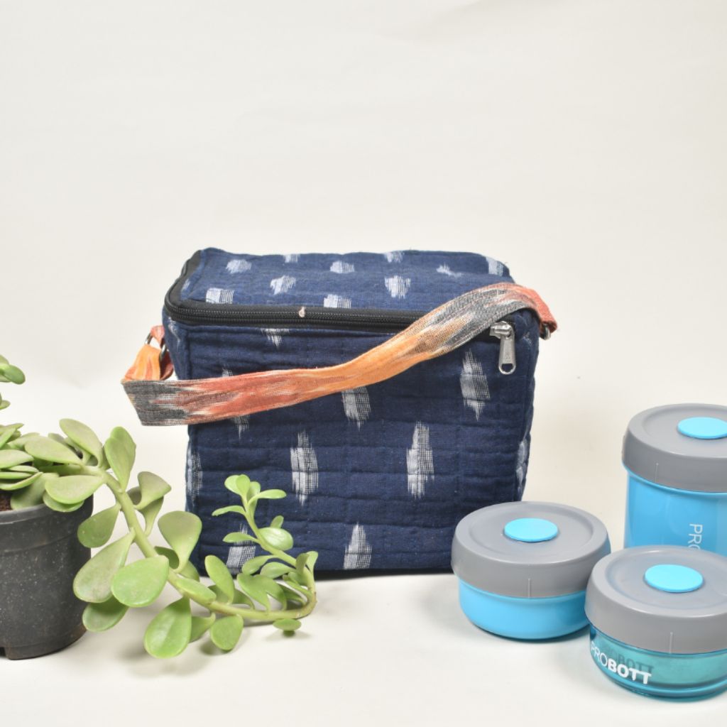 Blue ikat lunch bag or picnic bag - front