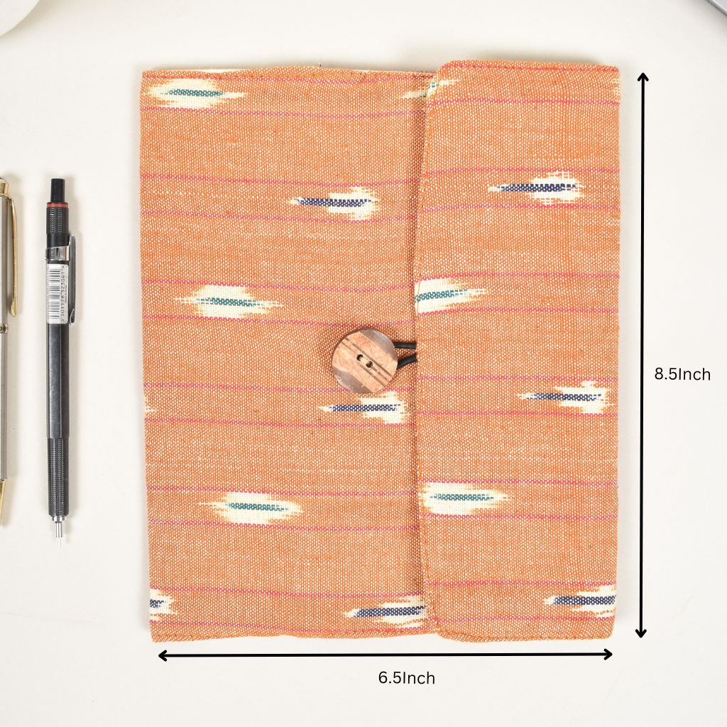 Orange journal sleeve with white cotton lining and  a handmade paper diary - dimensions