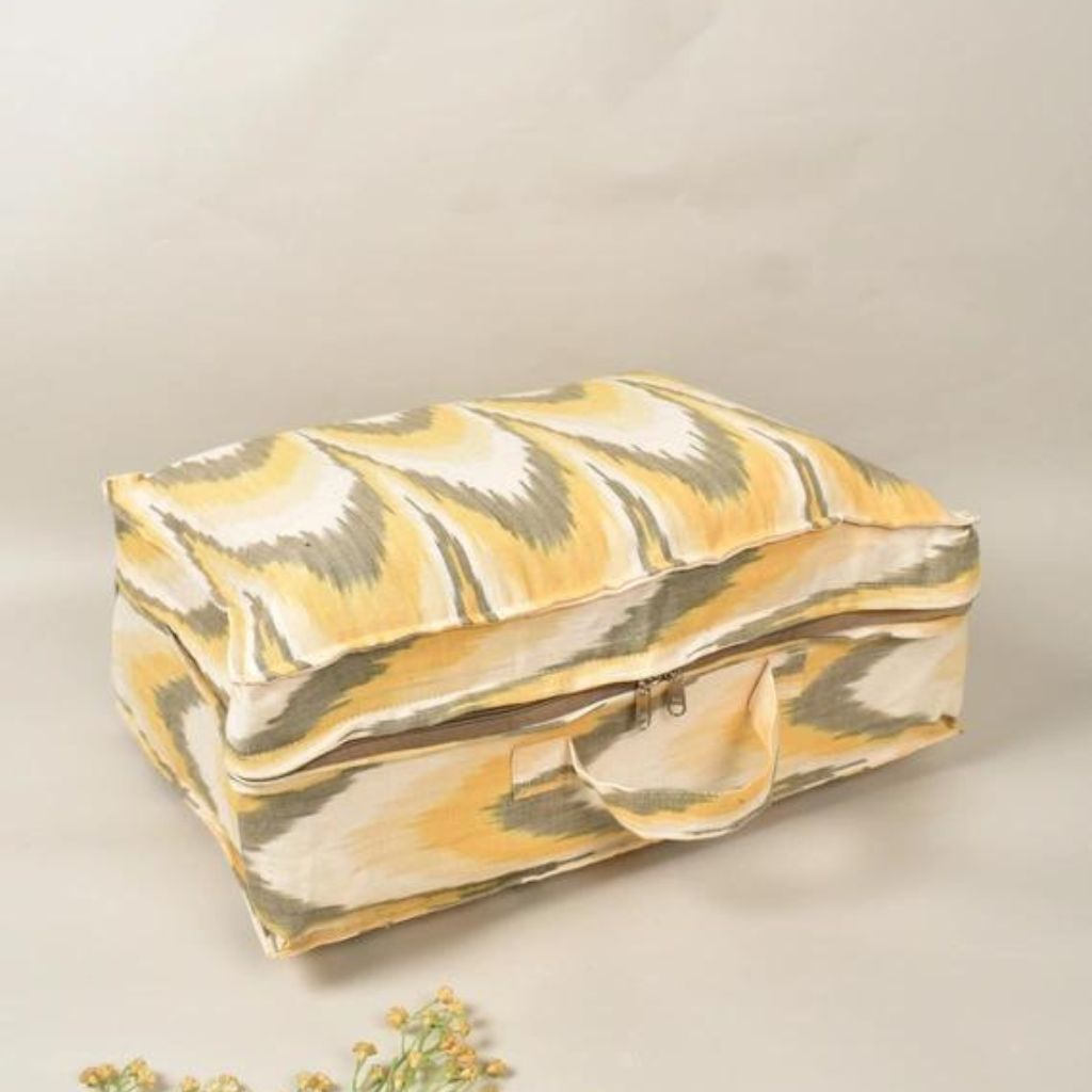 Saree storage bag in yellow handwoven cotton with set of ten saree sleeves