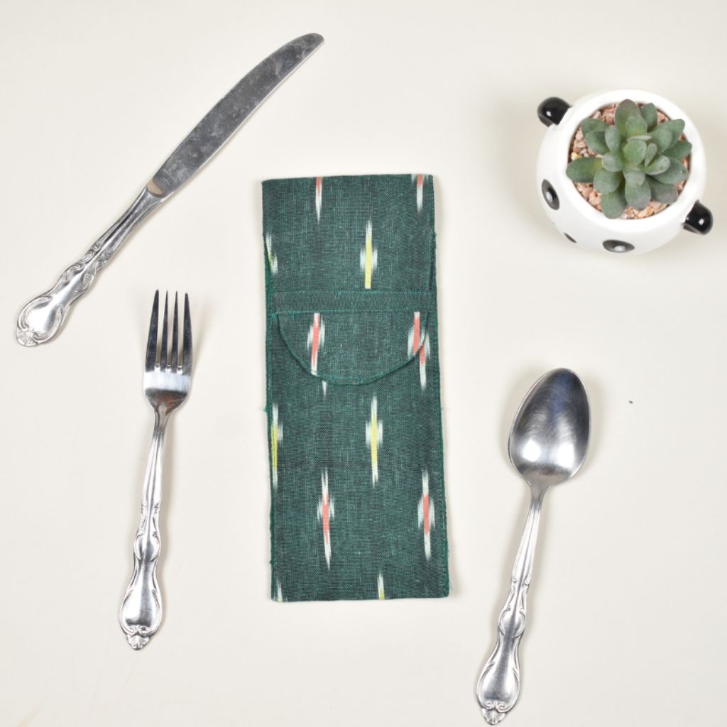 Travel cutlery pouch in green ikat cotton fabric