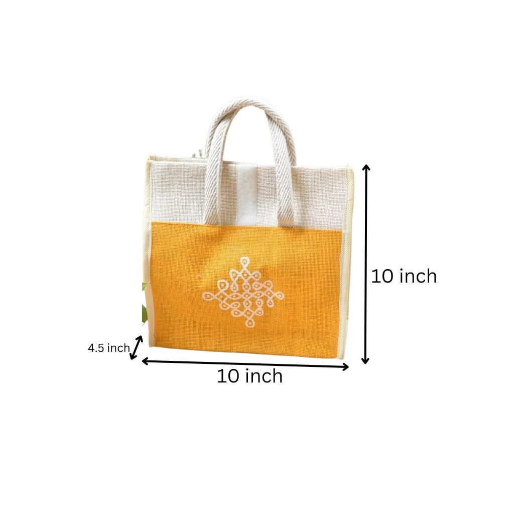 Yellow and white jute lunch bag with traditional motif - dimensions