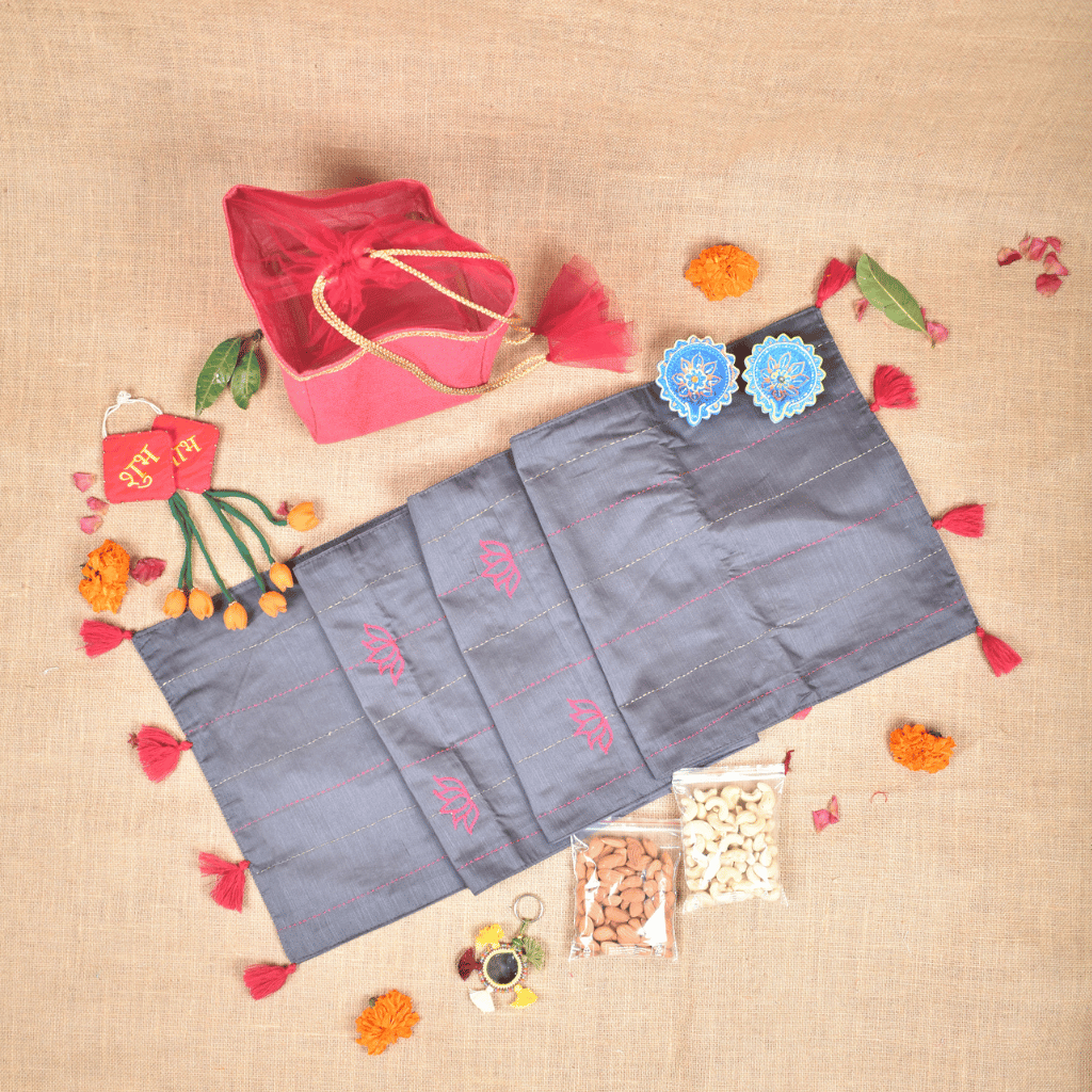Handmade Diwali Gift Hamper with Silk Table Runner & Dry Fruits
