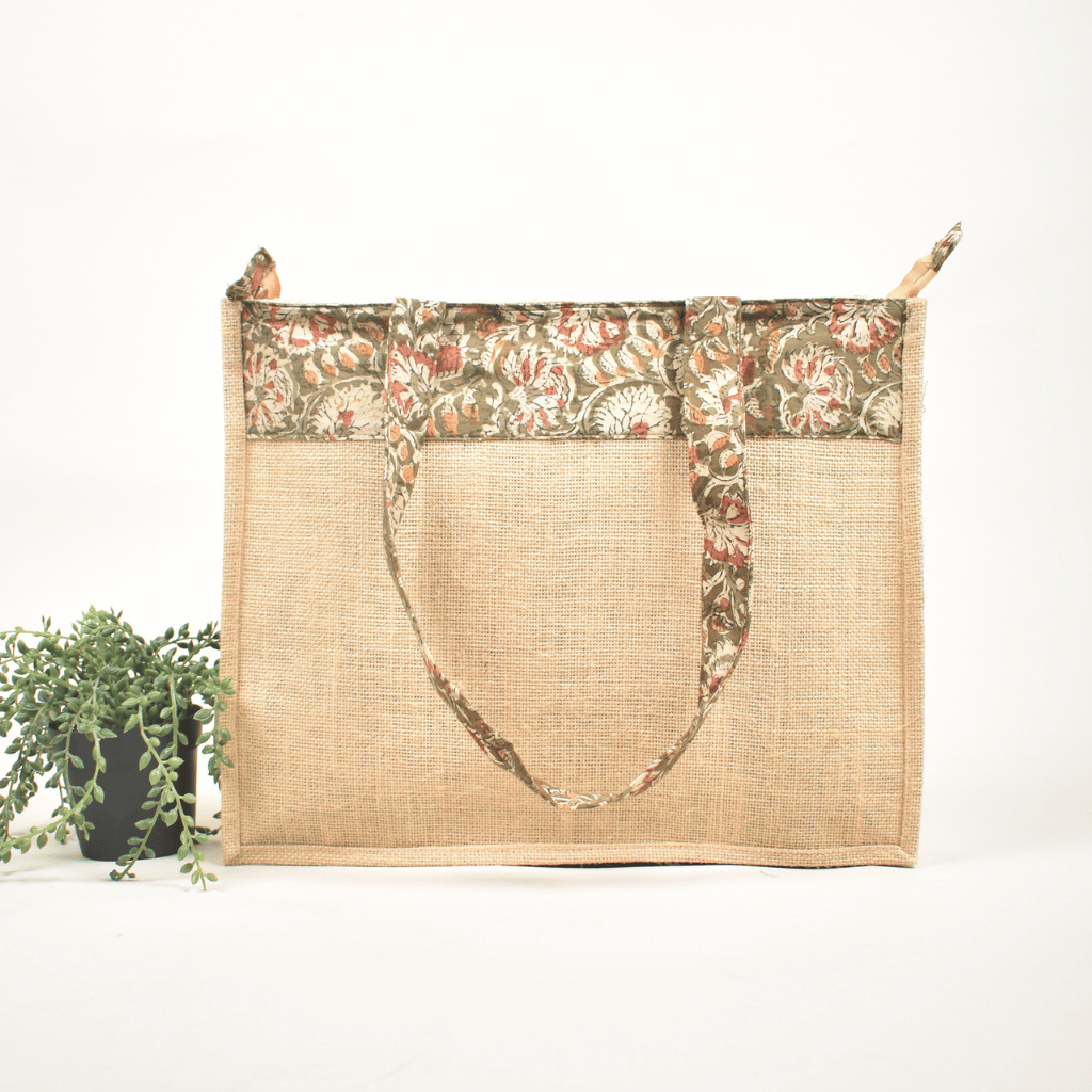 Classic Jute Bag With a Green Kalamkari Design