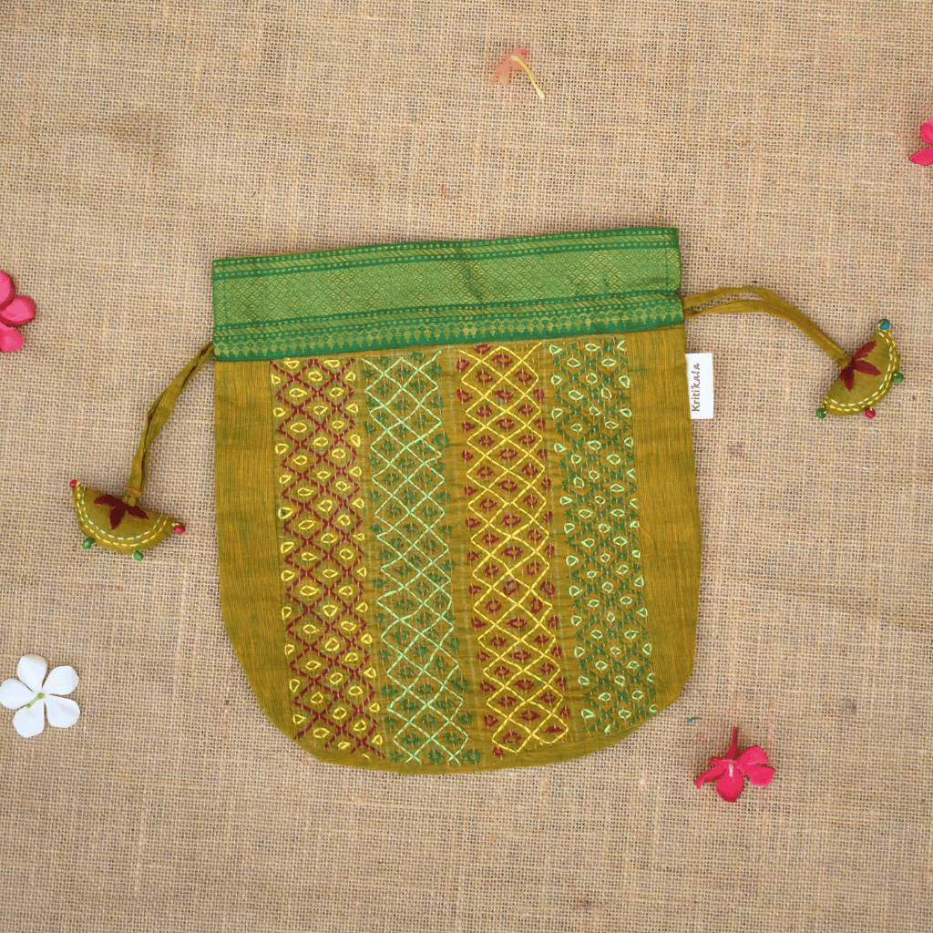 Handmade Yellow Mangalagiri cotton potli with tassels