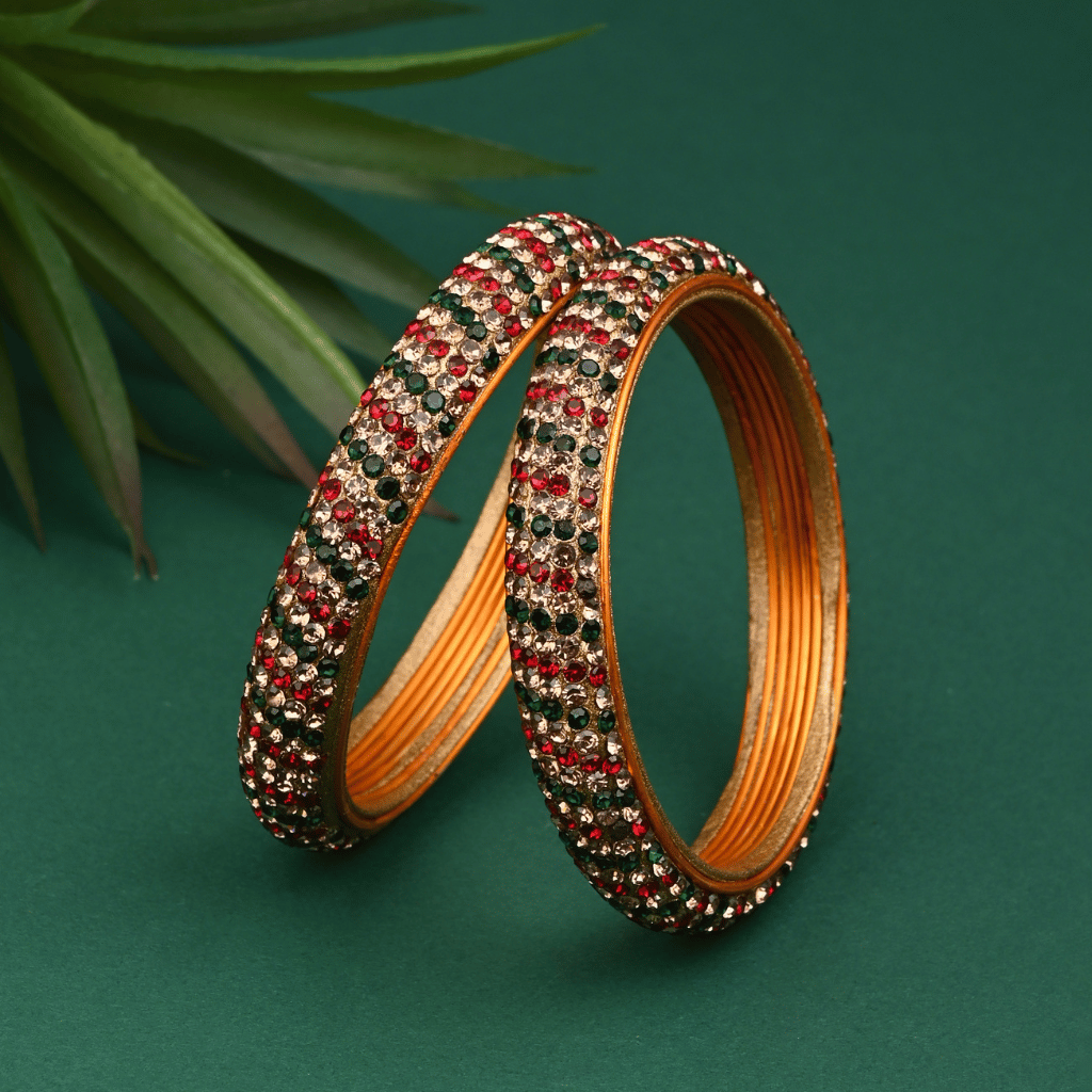 Pair of lac bangles in 5 line green and red tones - Lac bangles