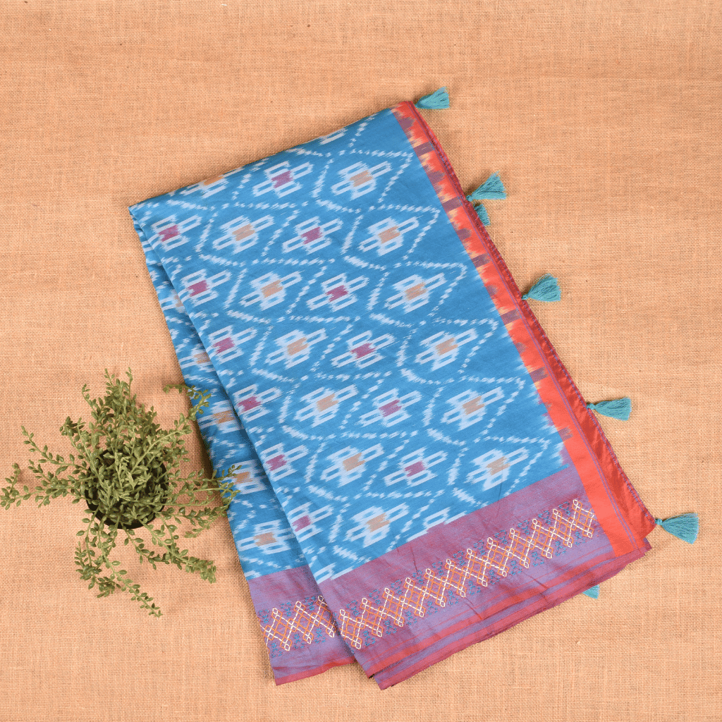 Blue ikat saree with hand embroidery - front