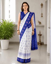 White Ikat Saree With Hand Embroidery