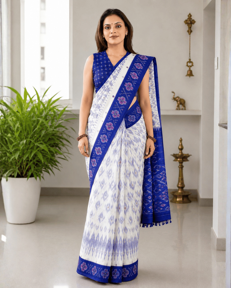 White Ikat Saree With Hand Embroidery