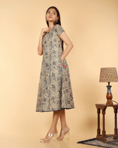 Blue Floral Kalamkari Dress With a Boat Neck and with sleeve