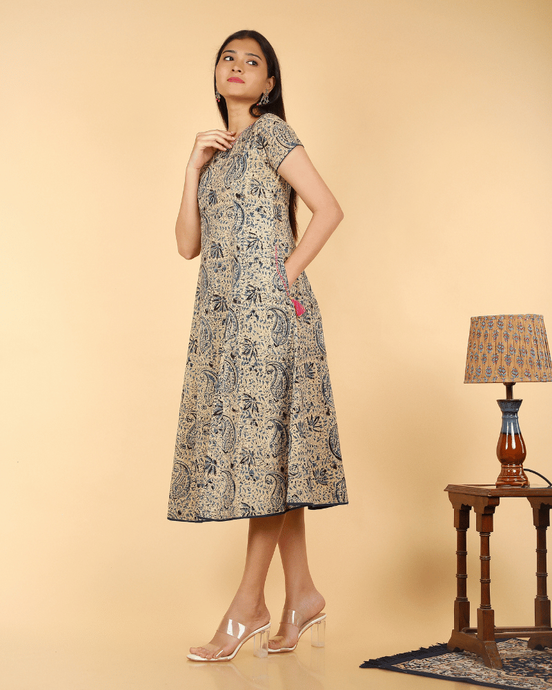 Blue Floral Kalamkari Dress With a Boat Neck and with sleeve