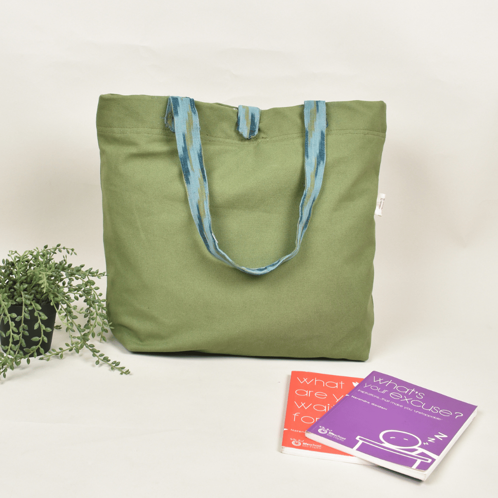 Green Canvas Bag with Green Ikat Handle - front