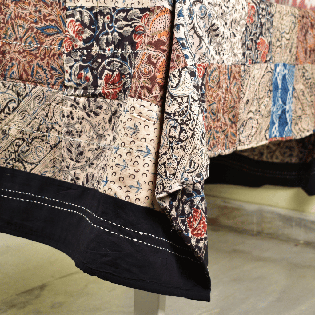 Kalamkari patchwork double bedcover in black