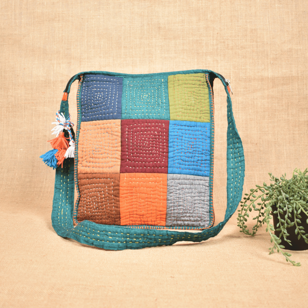 Handmade patchwork sling bag with hand embroidery – Mangalagiri cotton