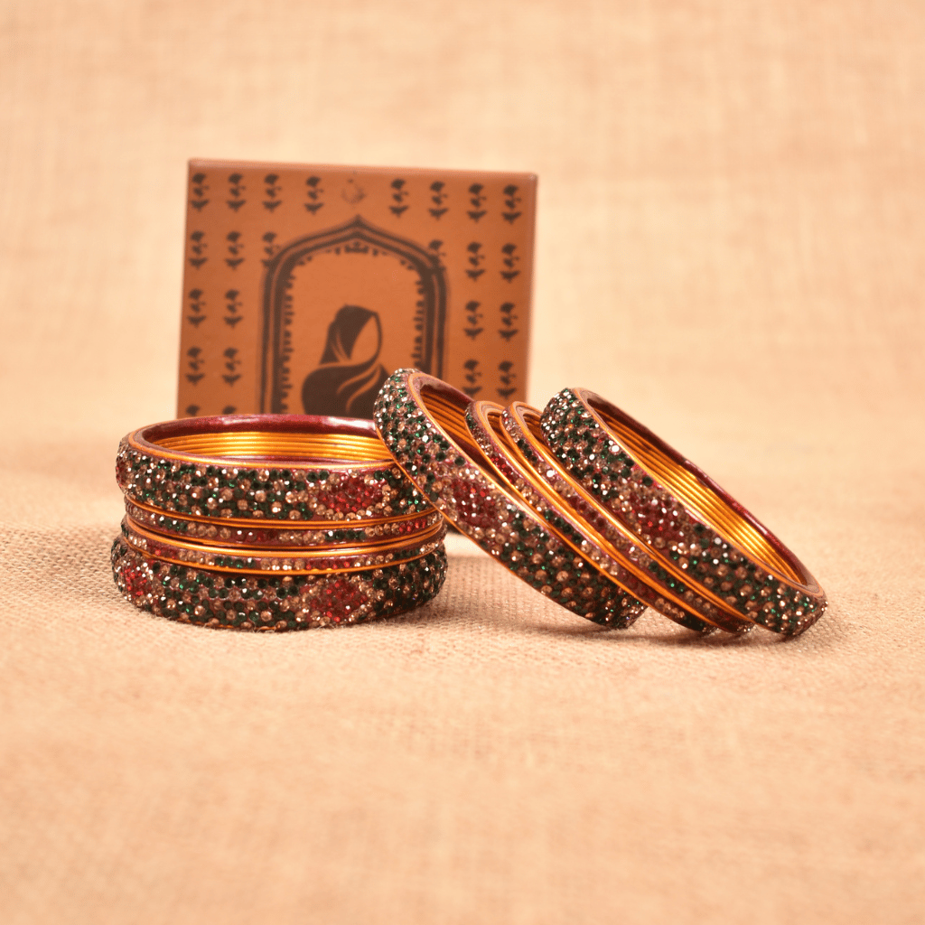 Set of  eight bangles in green & maroon tones