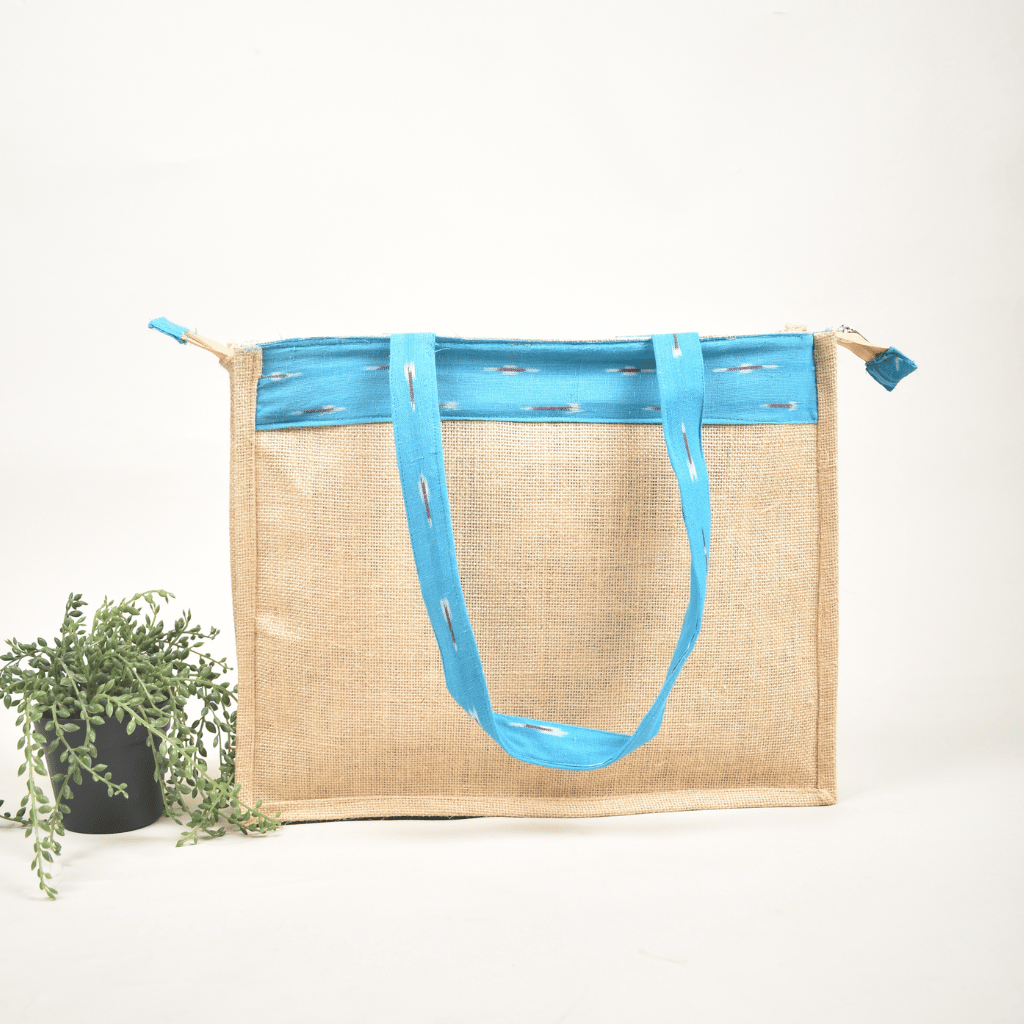 Classic Jute Bag With a Sky Blue ikat Design