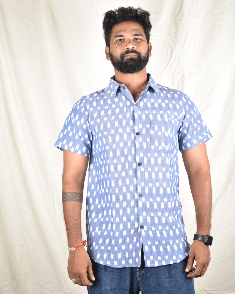 Sky Blue Casual Men's Shirt In Ikat cotton