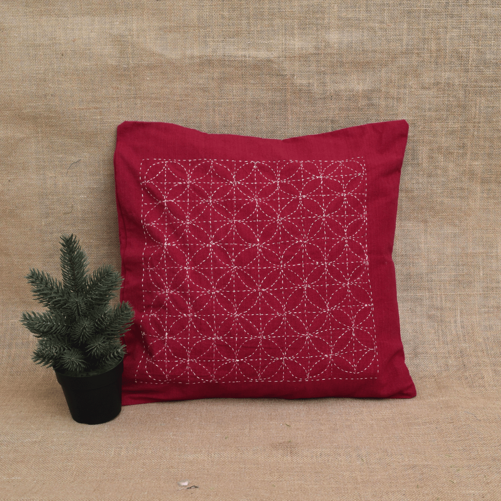 Maroon Geometric Embroidered Cotton Cushion Cover – 16 x 16 Inches