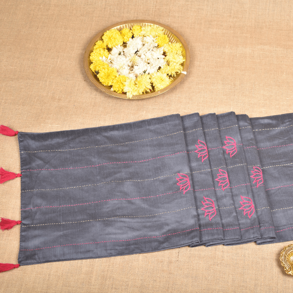 Grey Silk lotus pool embroidery festive table runner - Kritikala