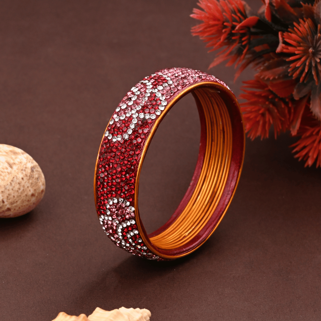 Ethnic maroon toned stone studded kada made with lac - women