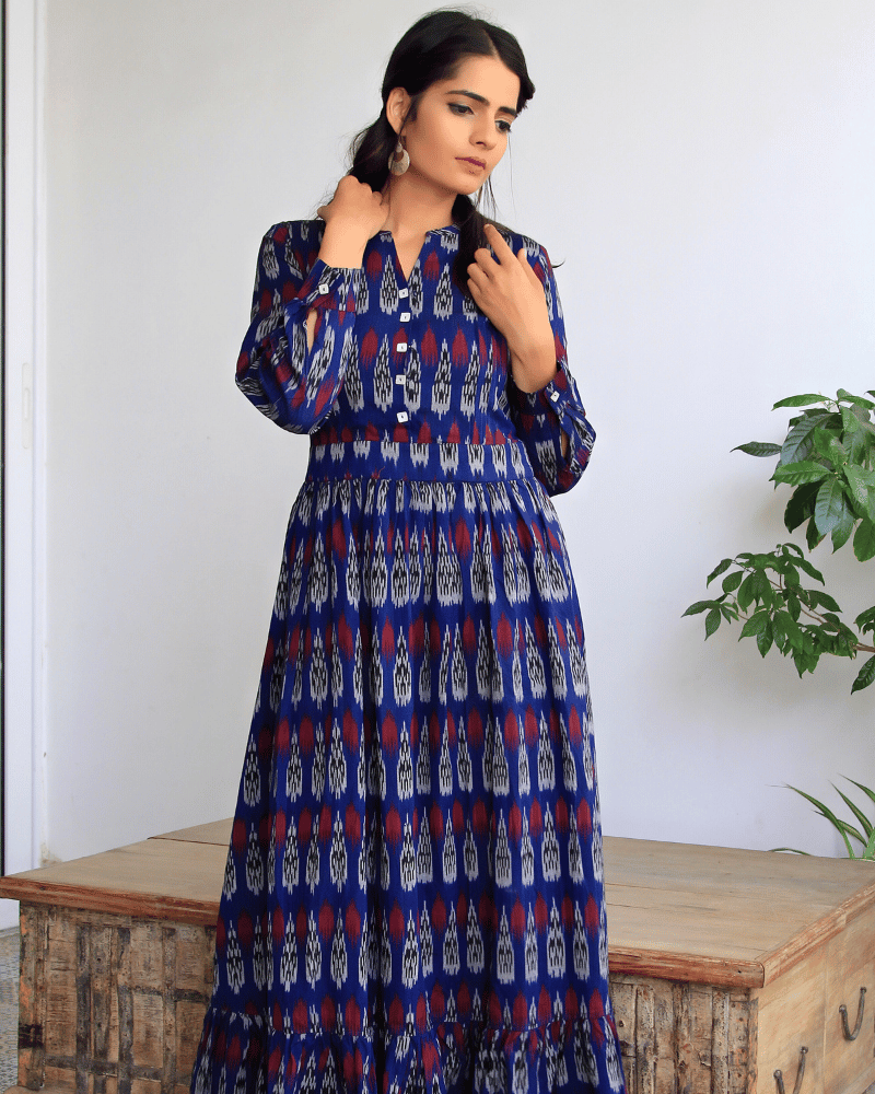 Navy Blue Ikat Printed Maxi Dress with Full Sleeves