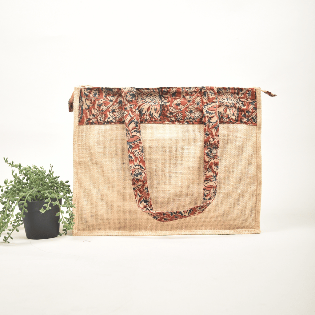 Classic Jute Bag With a Red Kalamkari Design