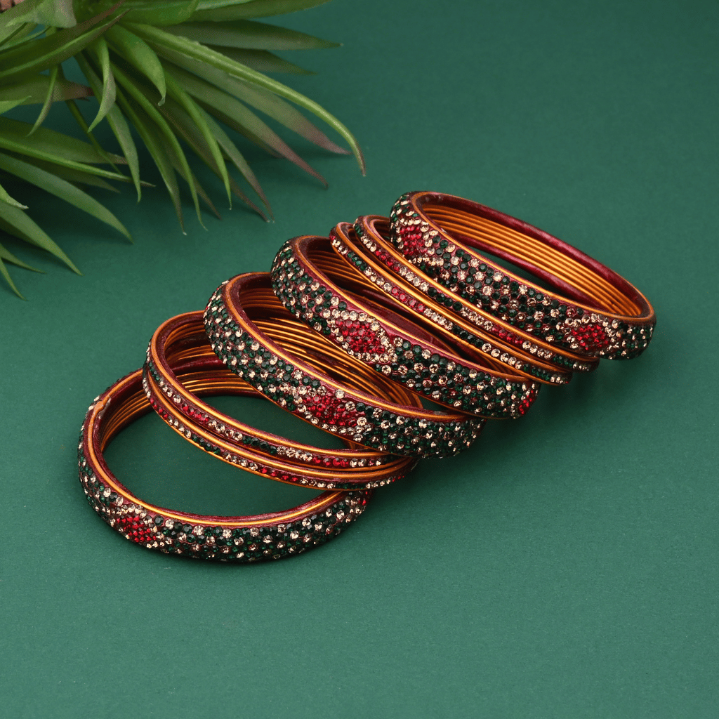 Set of  eight bangles in green & maroon tones - women