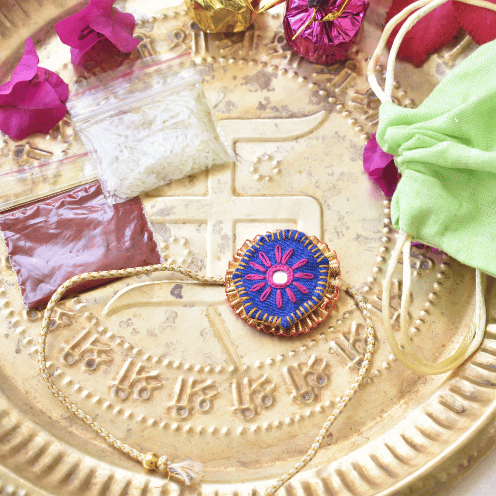 Blue Round Embroidery Handloom Rakhi