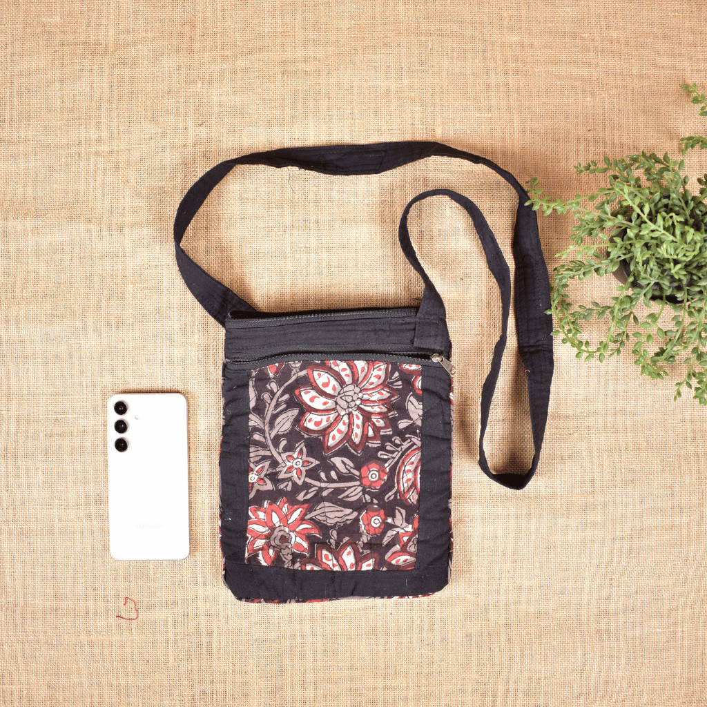 Black kalamkari cotton sling bag cum phone pouch - front