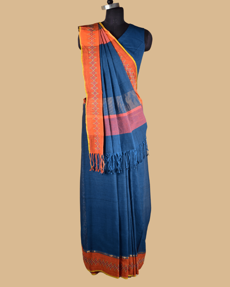 Blue Cotton Saree with Hand Embroidery