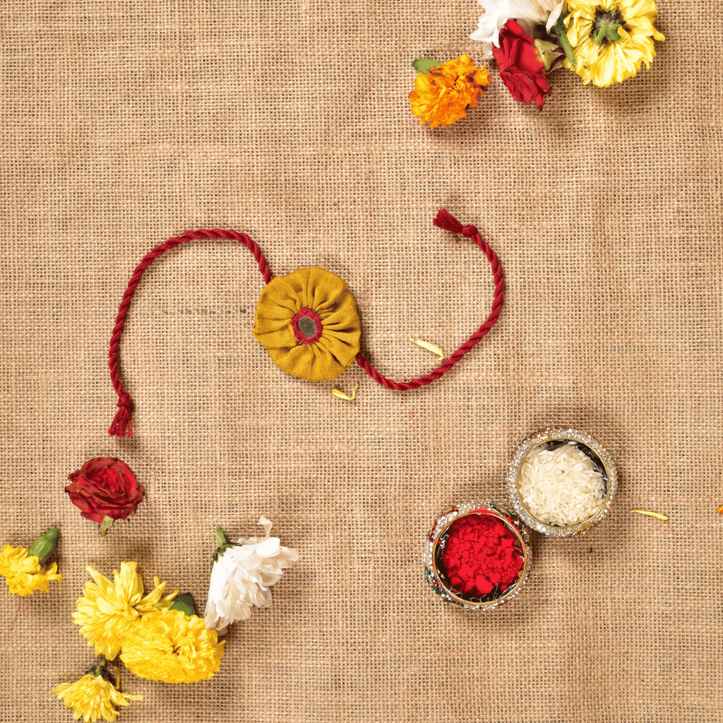 Yellow Flower Embroidery Handloom Rakhi