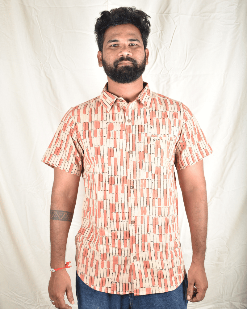 Pink Casual Men's Shirt In Kalamkari cotton