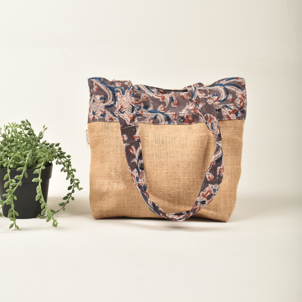 Soft jute tambulam or gift bag with black Kalamakri print