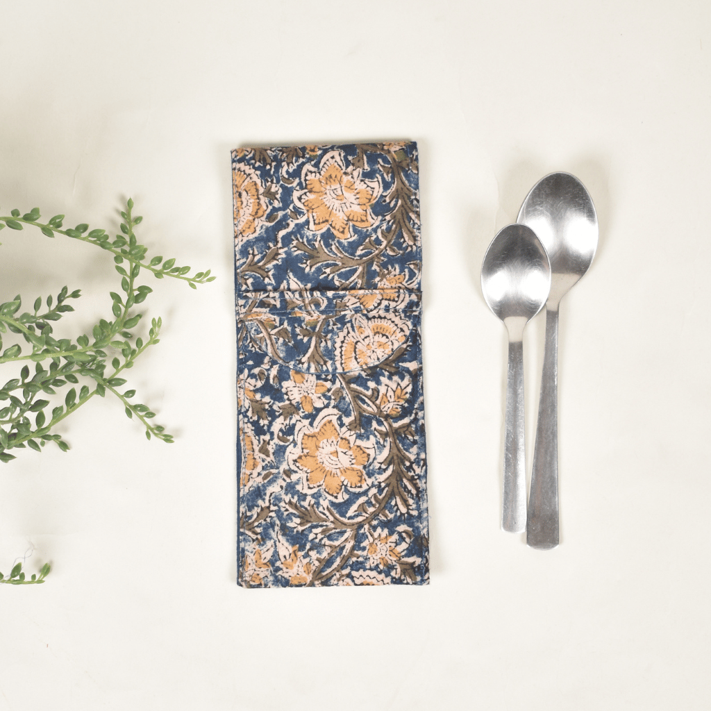 Blue kalamkari cutlery pouch - front