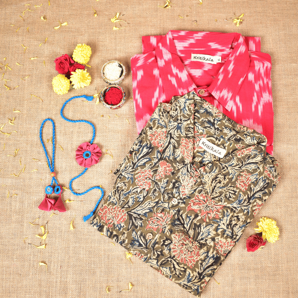 Bhai Bhabhi Raksha Bandhan Gift Combo – Rakhi Set with Men's Shirt & Women's Free Size Shirt