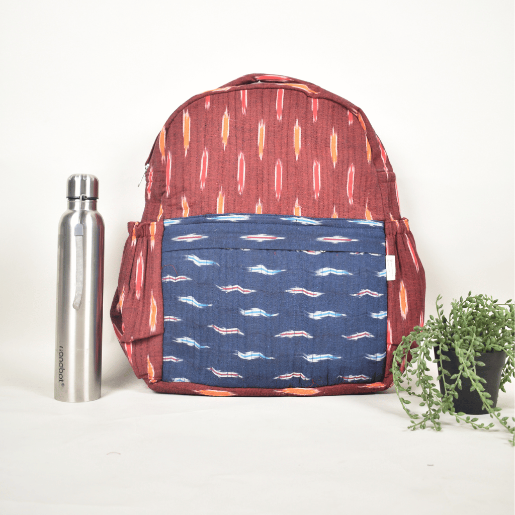 Maroon & Blue Ikat backpack laptop bag - front