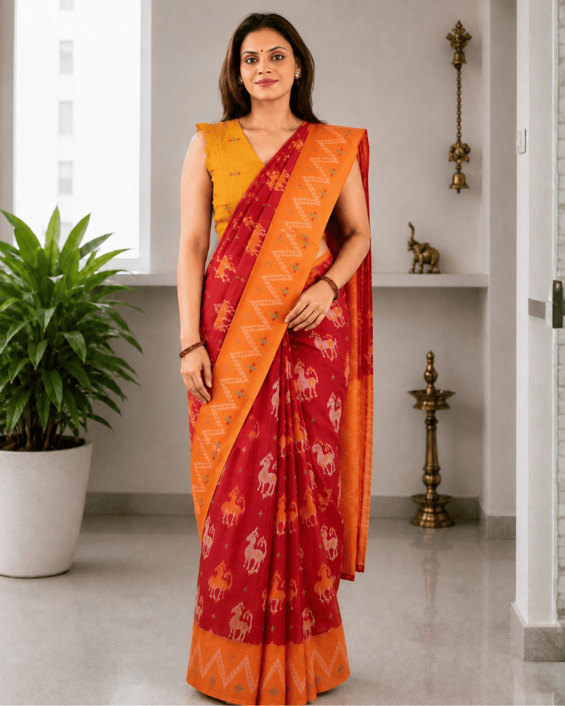 Red ikat saree with Yellow Border