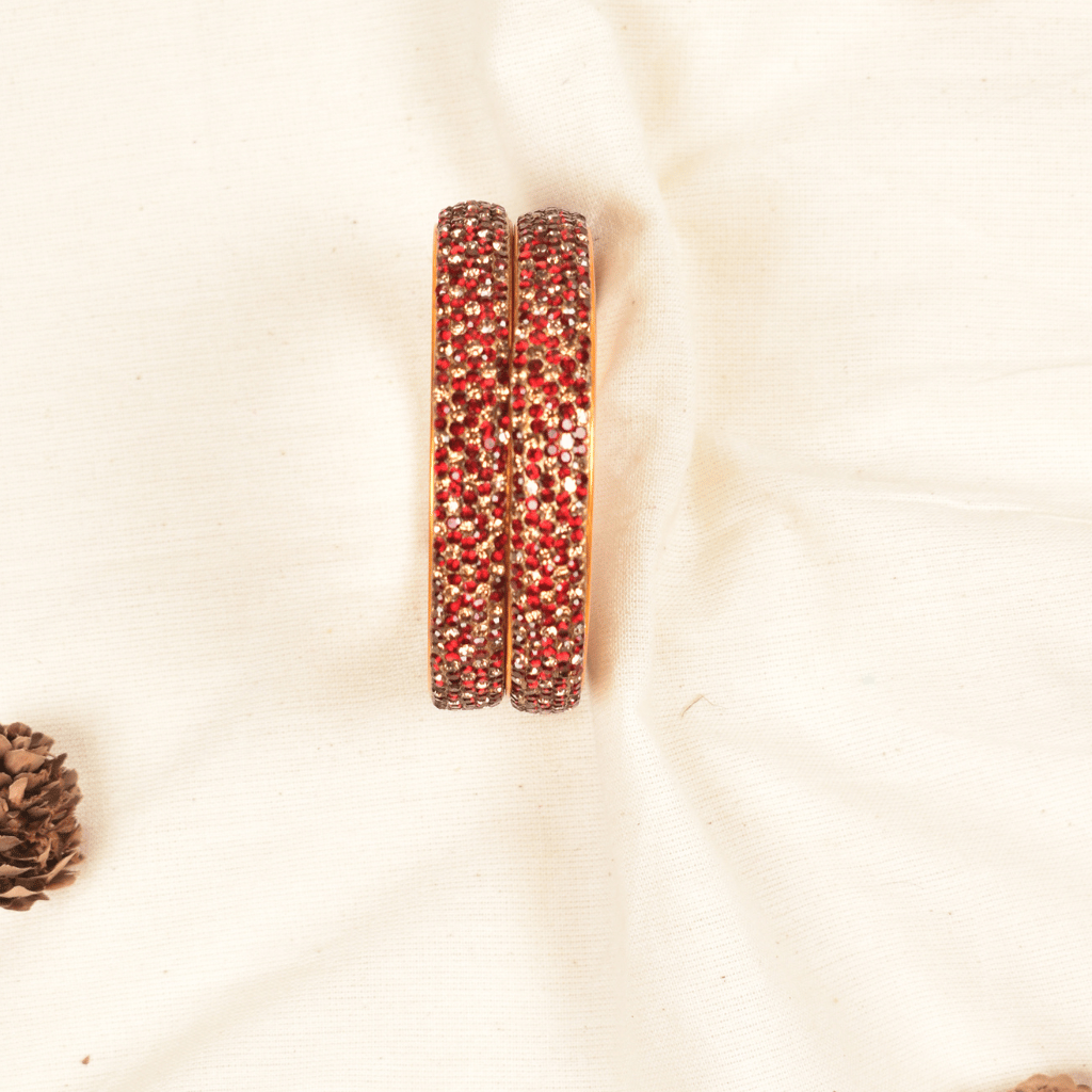 Pair of gold & maroon 5 line stoned lac bangles - glittery stones