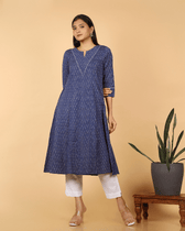 A line Blue Ikat Cotton Kurta with Pleated V Yoke 
