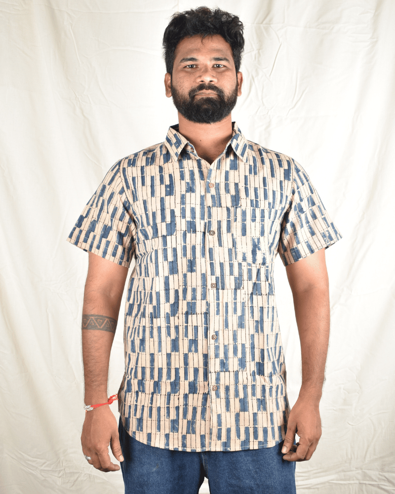 Blue Casual Men's Shirt In Kalamkari cotton