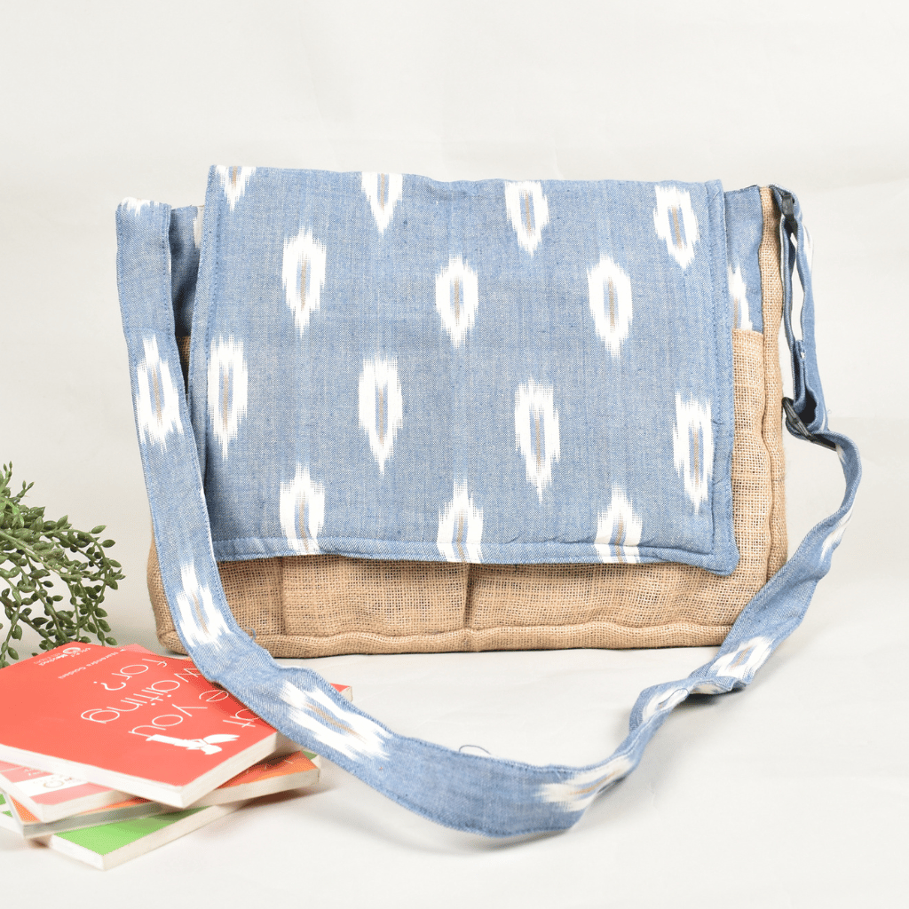 Cross body sky blue ikat laptop bag - front