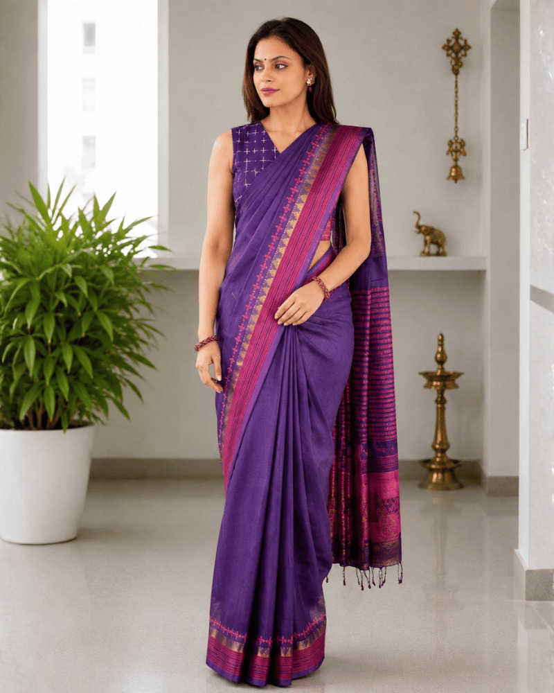 Purple Cotton Saree with Hand Embroidery
