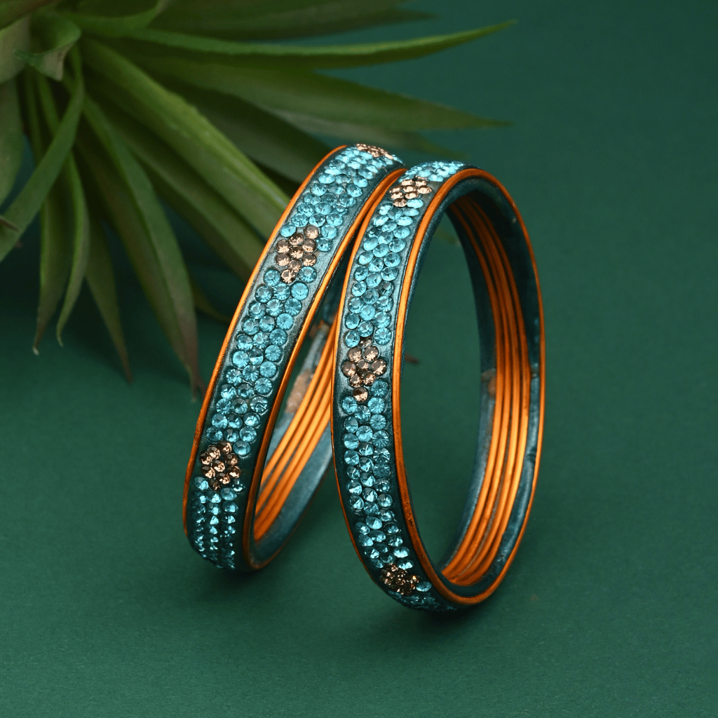 Pair of Blue Stone Studded Lac Bangles - Lac