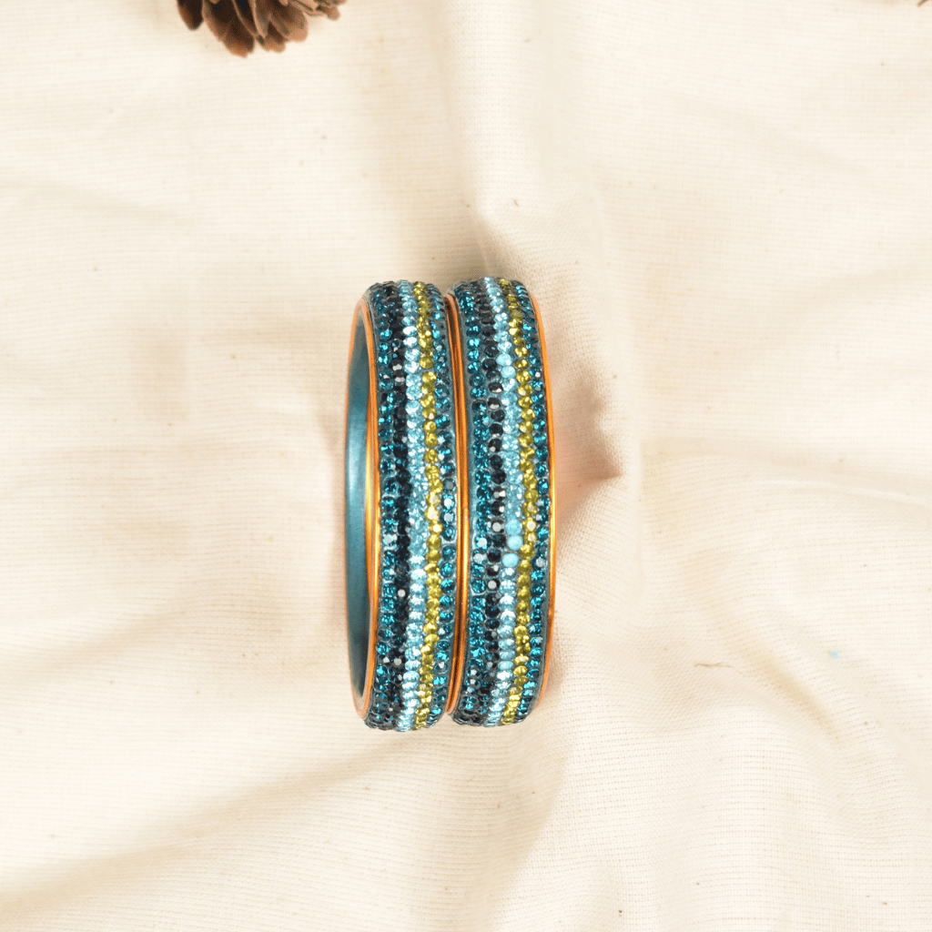 Blue 5 line stoned lac bangles - glittery stones 